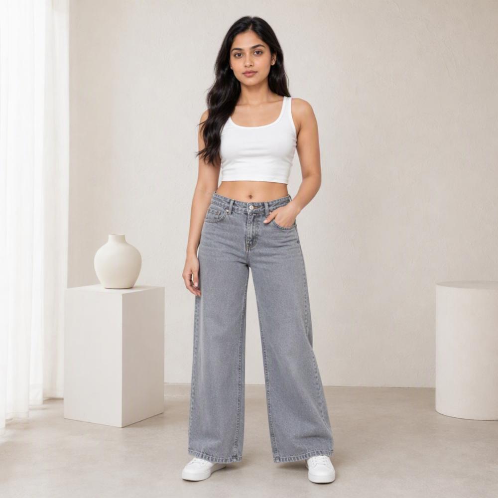 Women Grey Wide-Leg Denim Jeans
