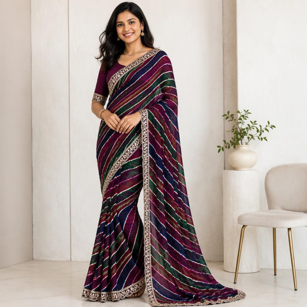 Moss Chiffon Multicolor Lehariya Print Saree with Lace Border and Banglori Silk Blouse