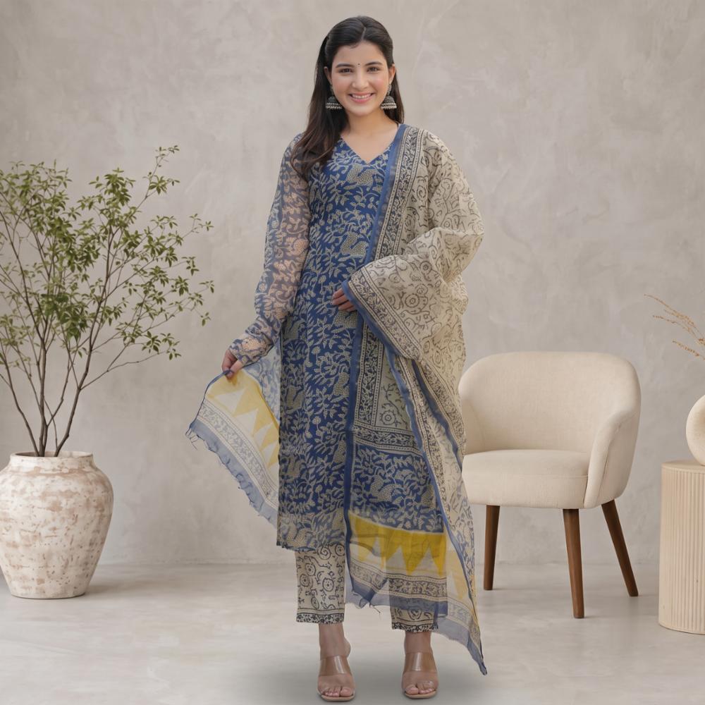 Kota Doriya Kurti Pant Dupatta Set with Cotton Lining and Kota Doriya Dupatta
