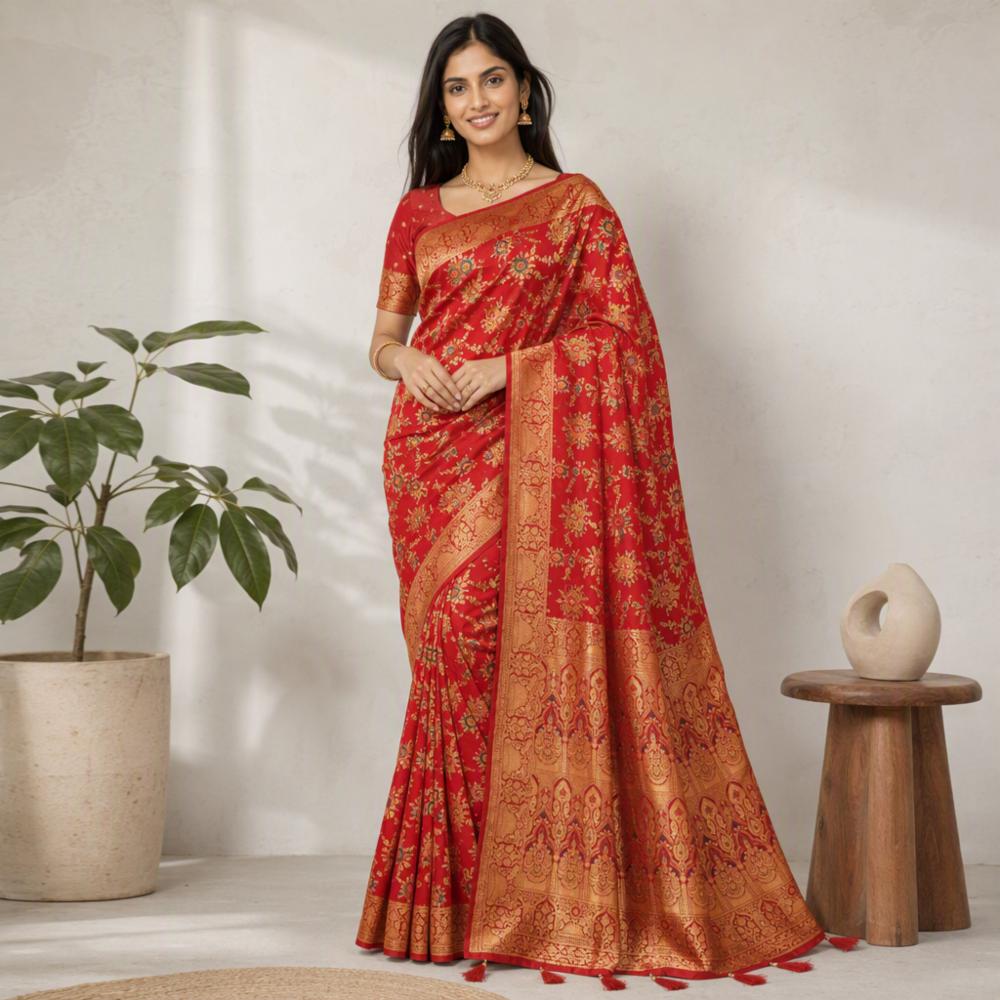 Banarasi Dola Silk Saree with Gold Zari Weaving and Running Blouse