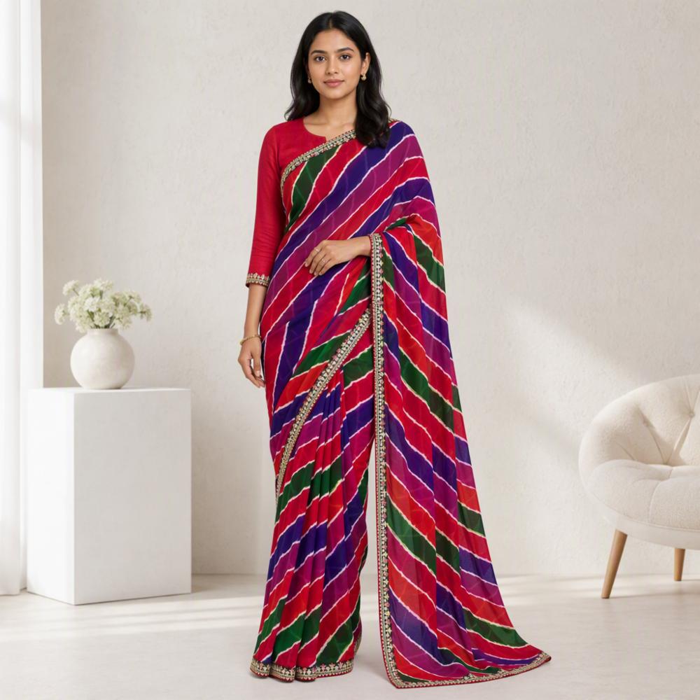 Wine Multicolor Lehariya Print Georgette Saree with Heavy Lace Border