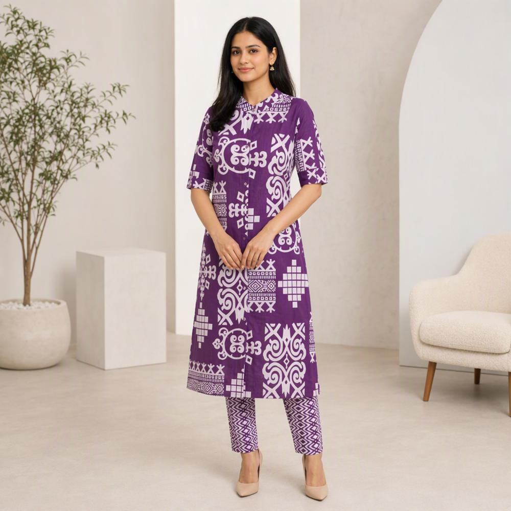 Women Purple & White Geometric Printed Rayon Co-ord