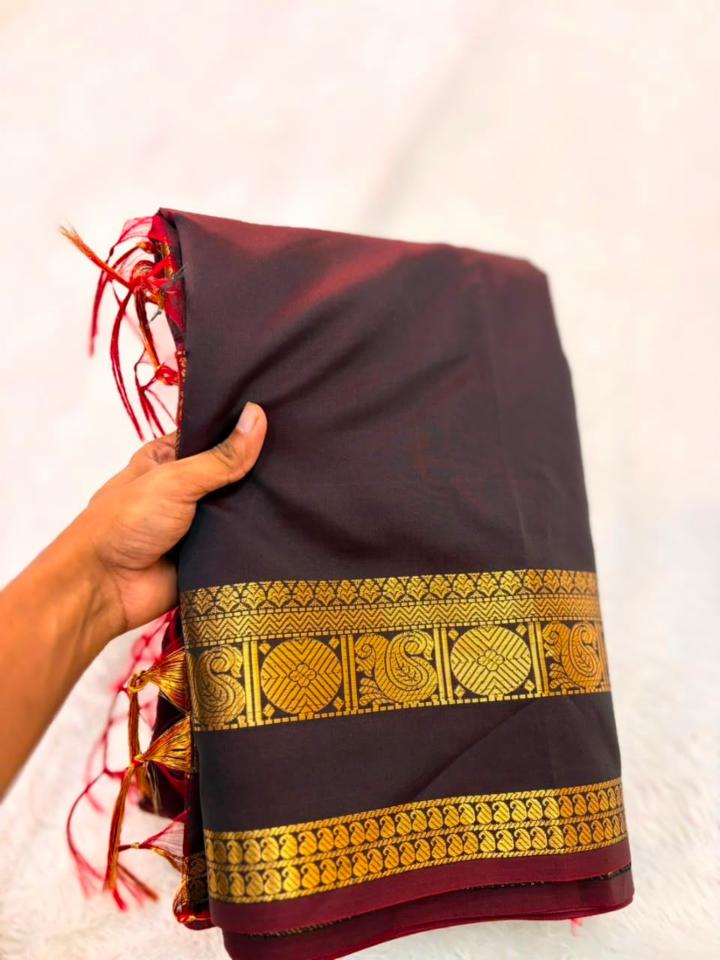 Wine & Charcoal Black Cotton Silk Saree with Golden Zari Border & Blouse Piece