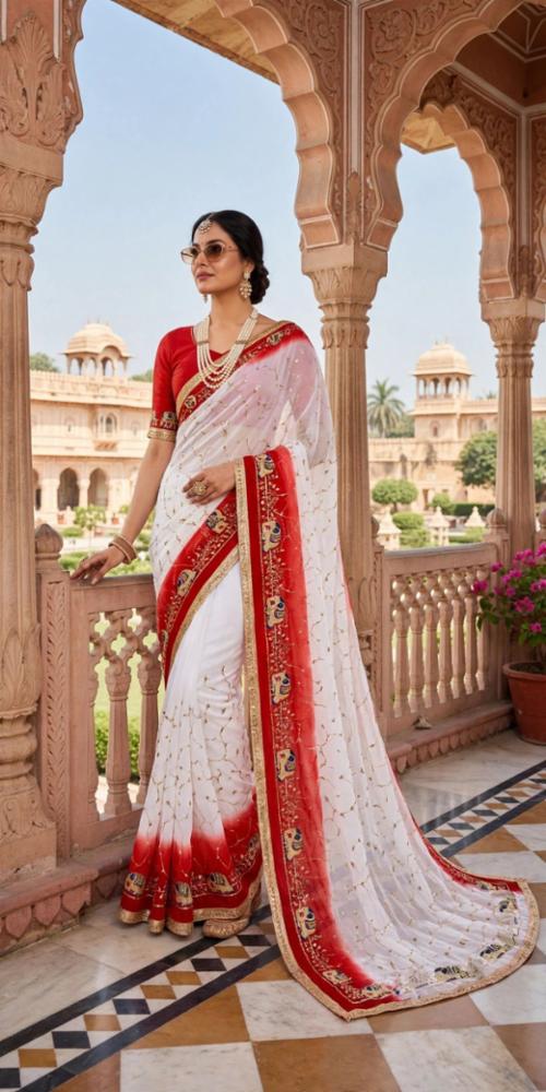 White Georgette Saree with Rajwadi Sequence Work and Less Border