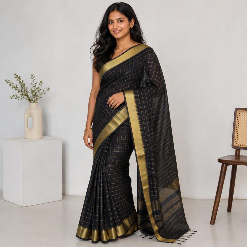 Black Cotton Silk Saree with Golden Zari Checks and Border