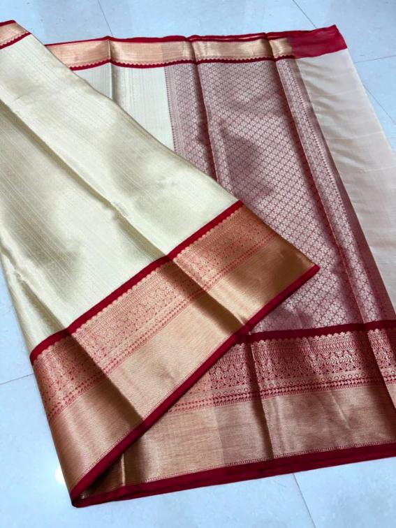 Kanchipuram Silk Saree in Cream with Maroon Zari Border & Traditional Woven Design