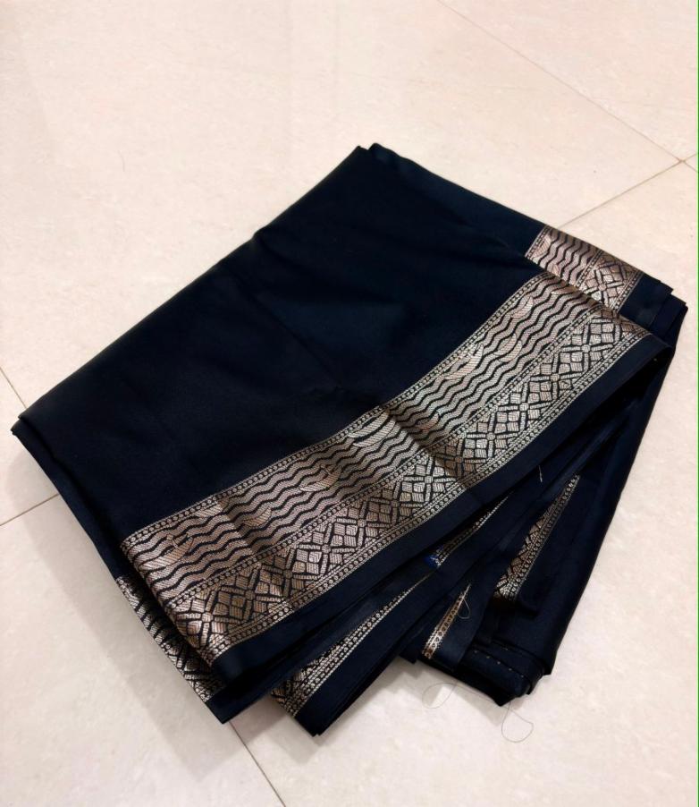 Black Semi Katan Silk Saree with Golden Zari Woven Border