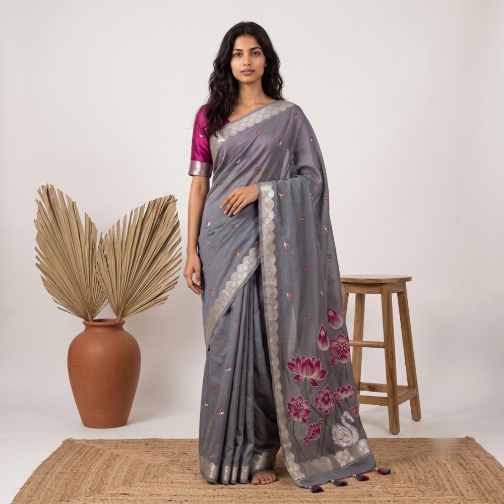 Pure Modal Cotton Saree with Motif Weaving and Zari Border