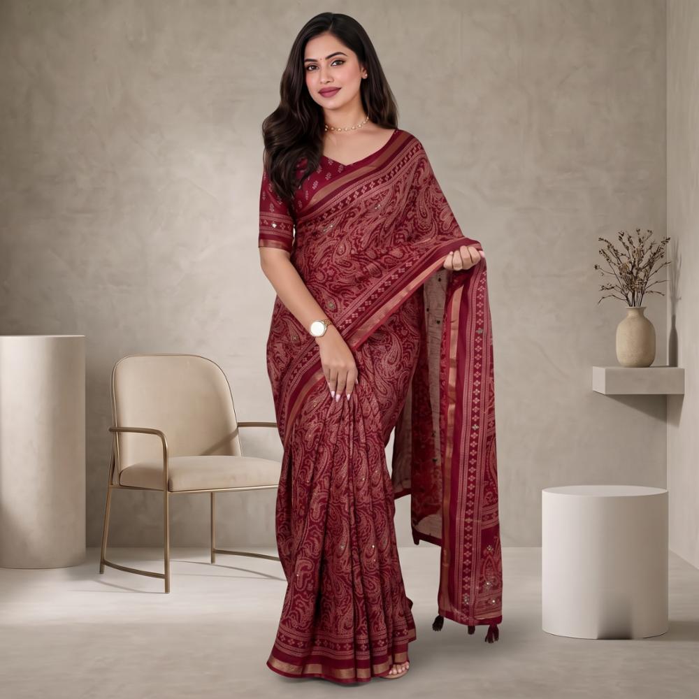 Pure Mul Cotton Kalamkari & Ajrakh Print Saree with Mirror Work & Blouse