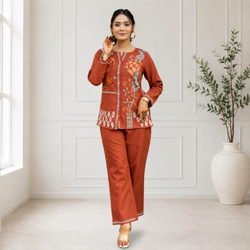 Cotton Embroidered Coord Set with Top and Pant