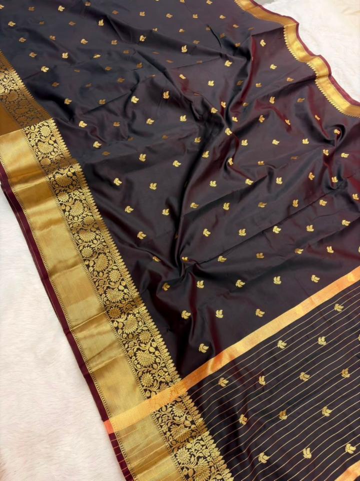 Wine Black Tapeta Silk Saree with Golden Zari Floral Border & Butti