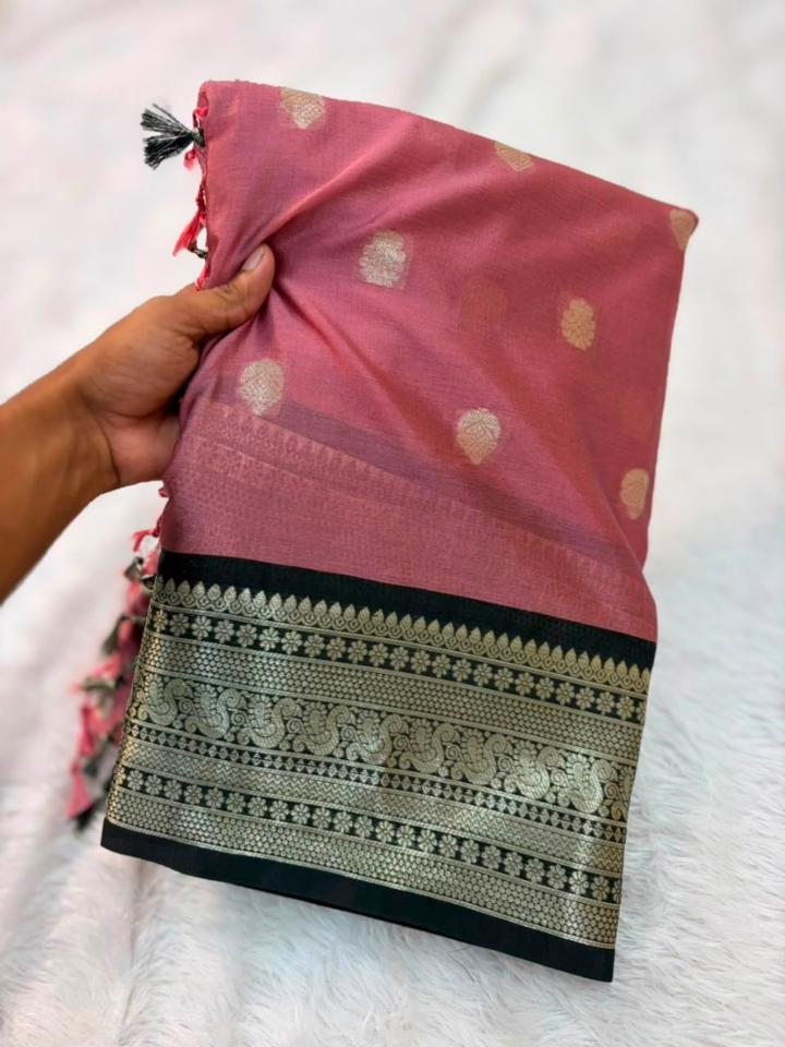 Blush Pink Saree with Antique Golden Butti and Black Heritage Zari Border