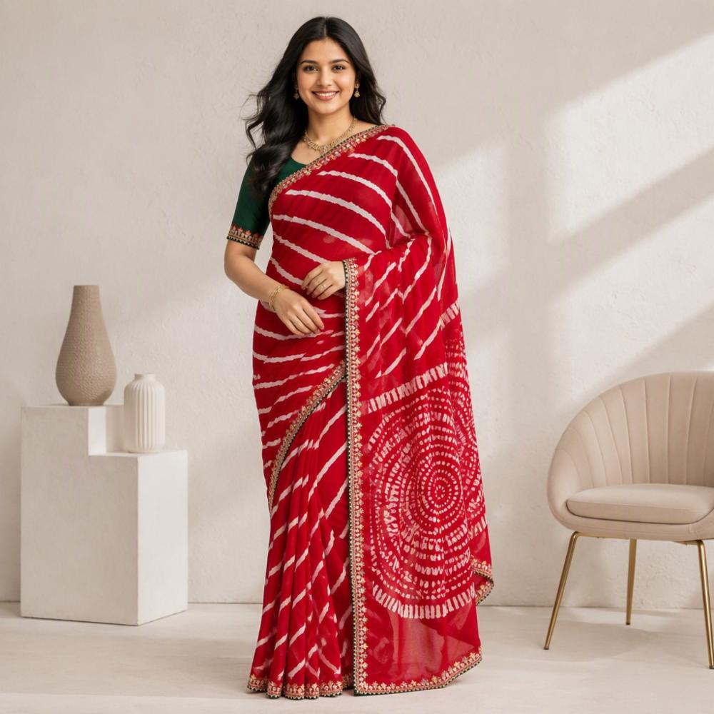 Designer Moss Chiffon Lehariya Saree with Lace Border
