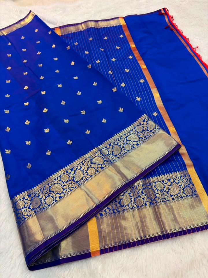 Royal Blue Tapeta Silk Saree with Golden Zari Floral Border & Butti Work