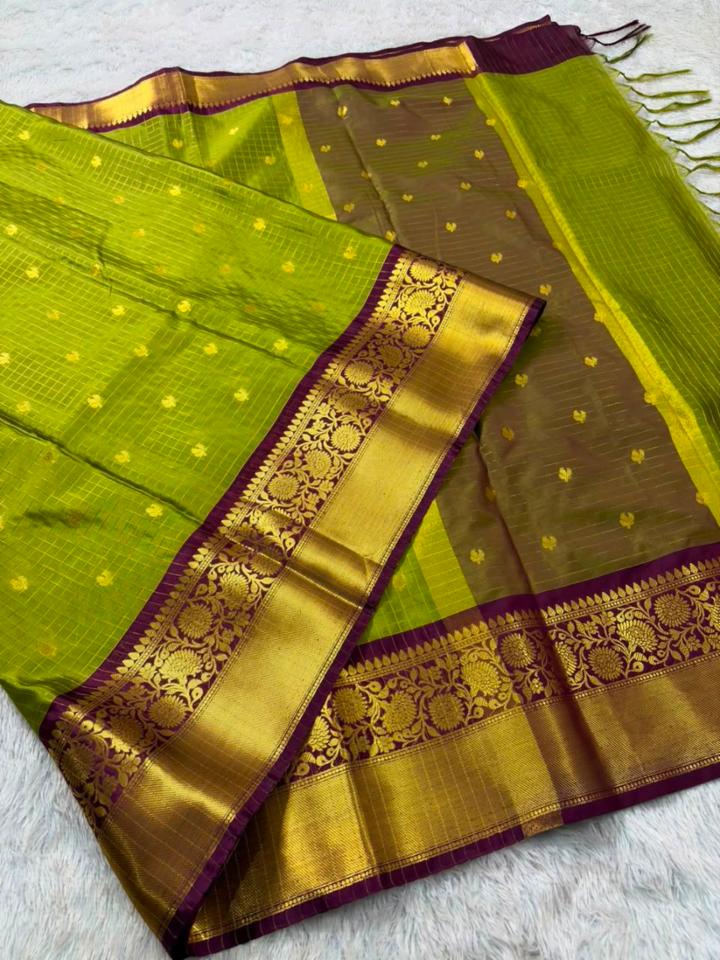 Parrot Green Semi Katan Silk Saree with Golden Butti and Zari Border