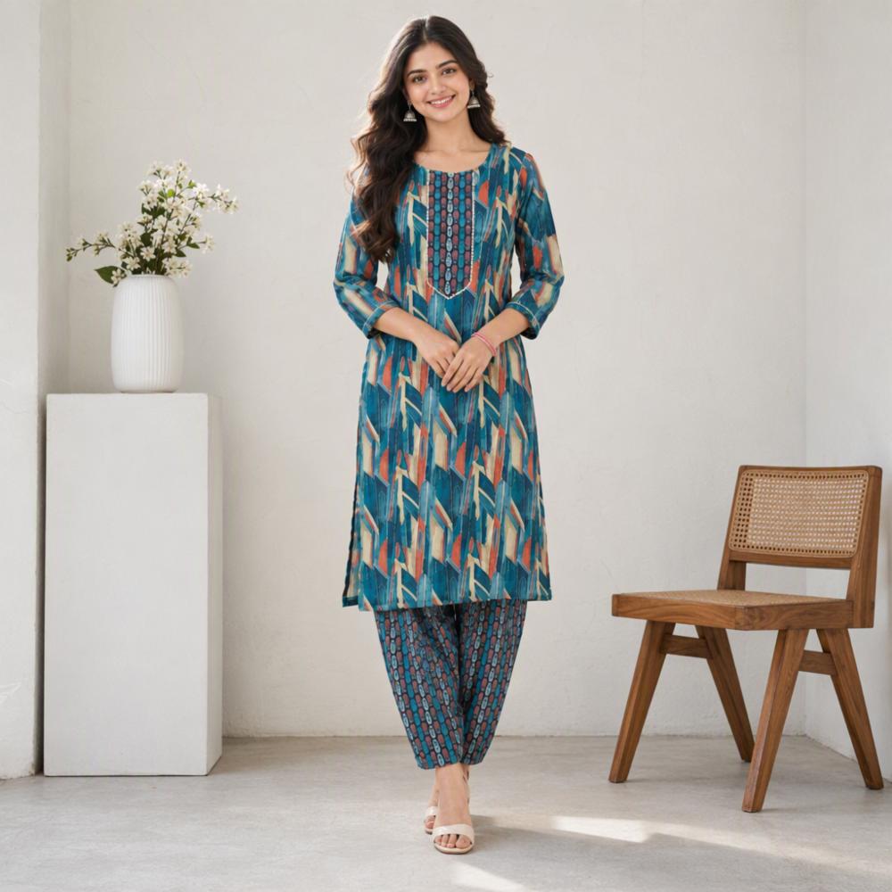 Womenâs Cotton Blend Printed Kurti Pant Set