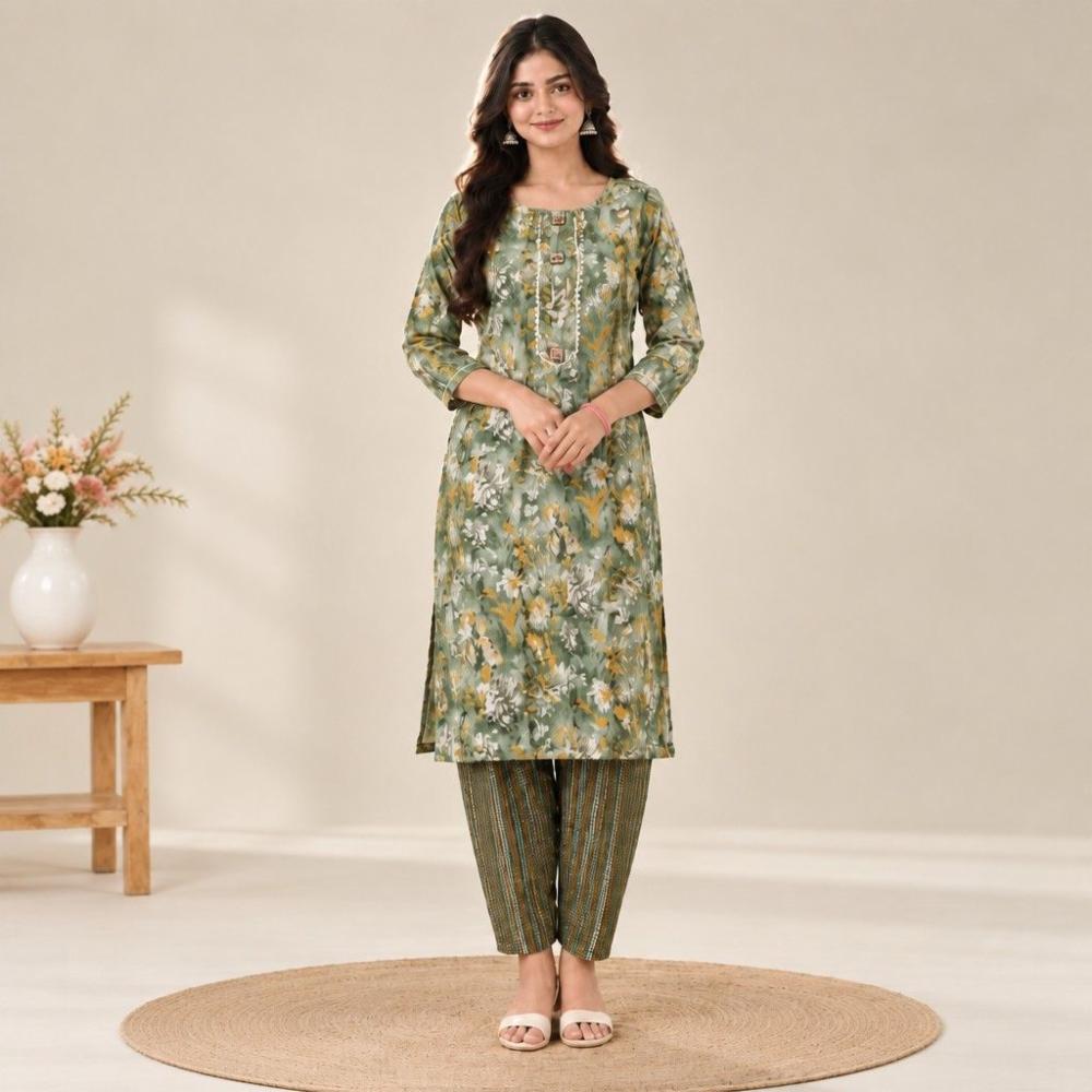 Womenâs Floral Printed Cotton Kurta Pant Set