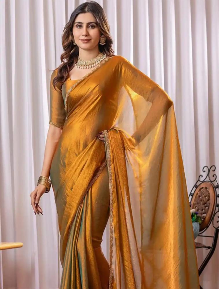 Mustard Satin Saree with Ethnic Motifs and Embellished Border