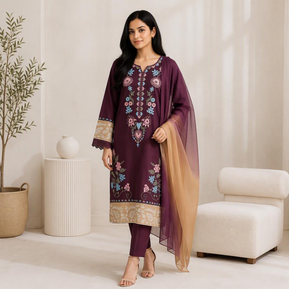 Pakistani Pure Cotton Embroidered 3 Piece Set with Shaded Cotton Dupatta