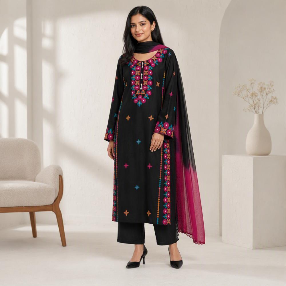 Pakistani Pure Cotton Embroidered 3 Piece Suit with Chiffon Dupatta