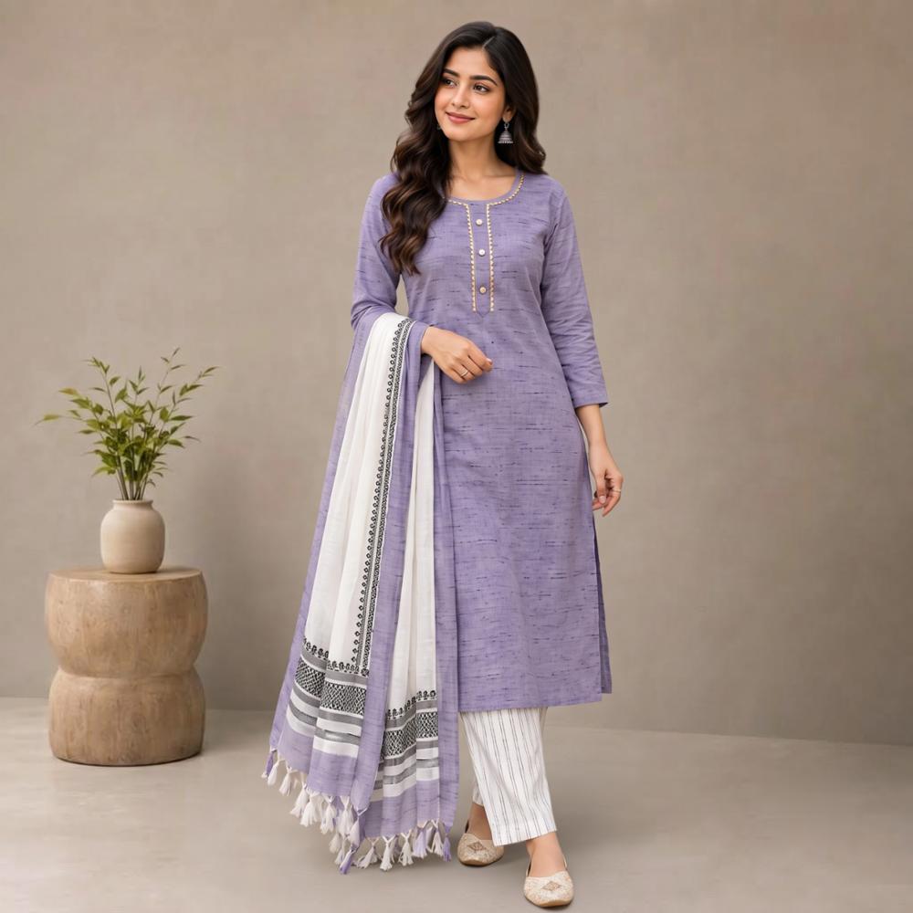 Women Cotton Kurta with Pant and Dupatta Blue & White XXL