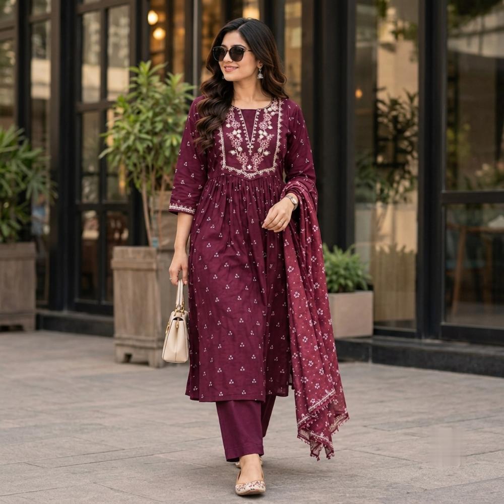 Cotton Kurta Set with Zari Embroidery and Wine Color Dupatta 
