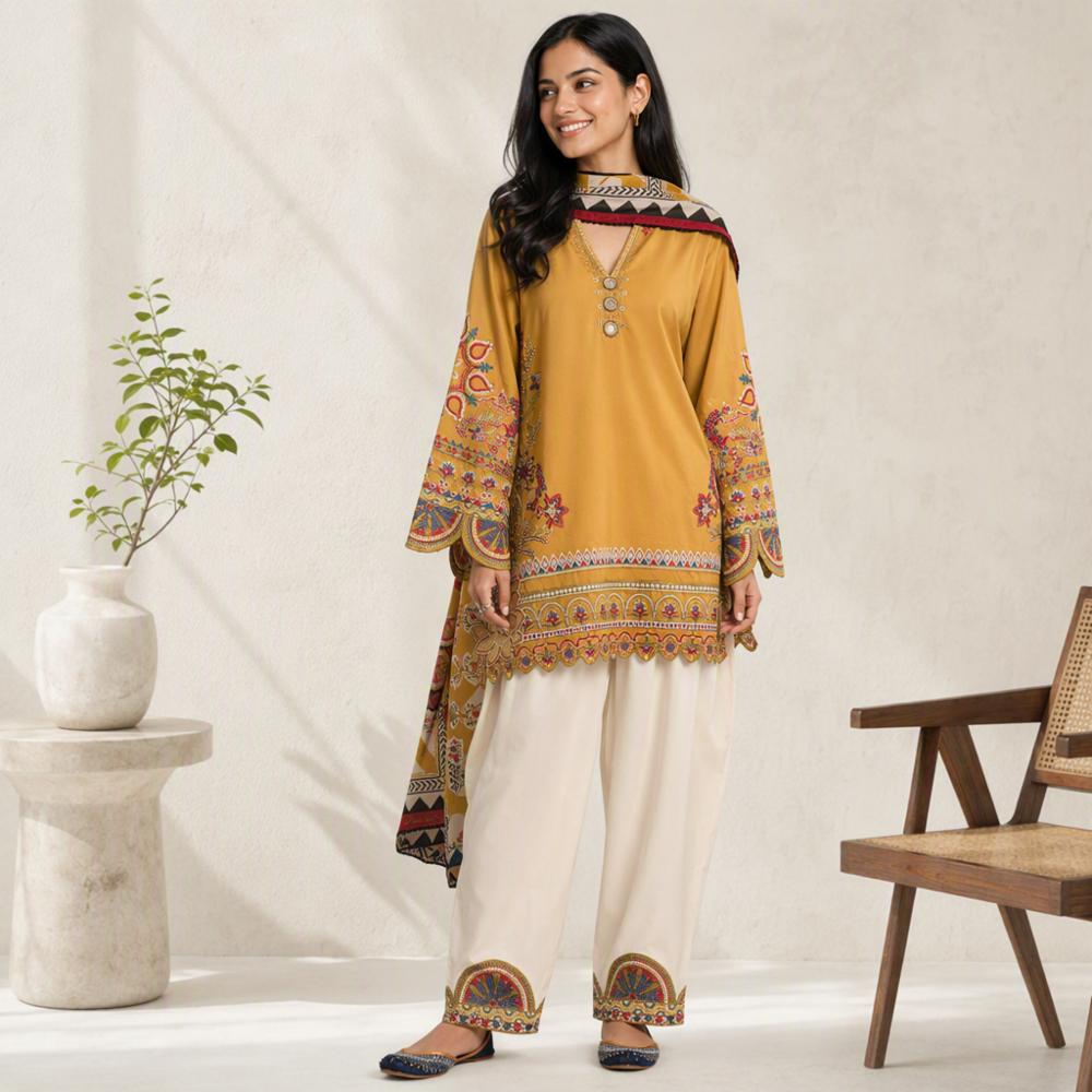 Pakistani Pure Rayon Cotton Embroidered 3 Piece Set with Digital Printed Dupatta