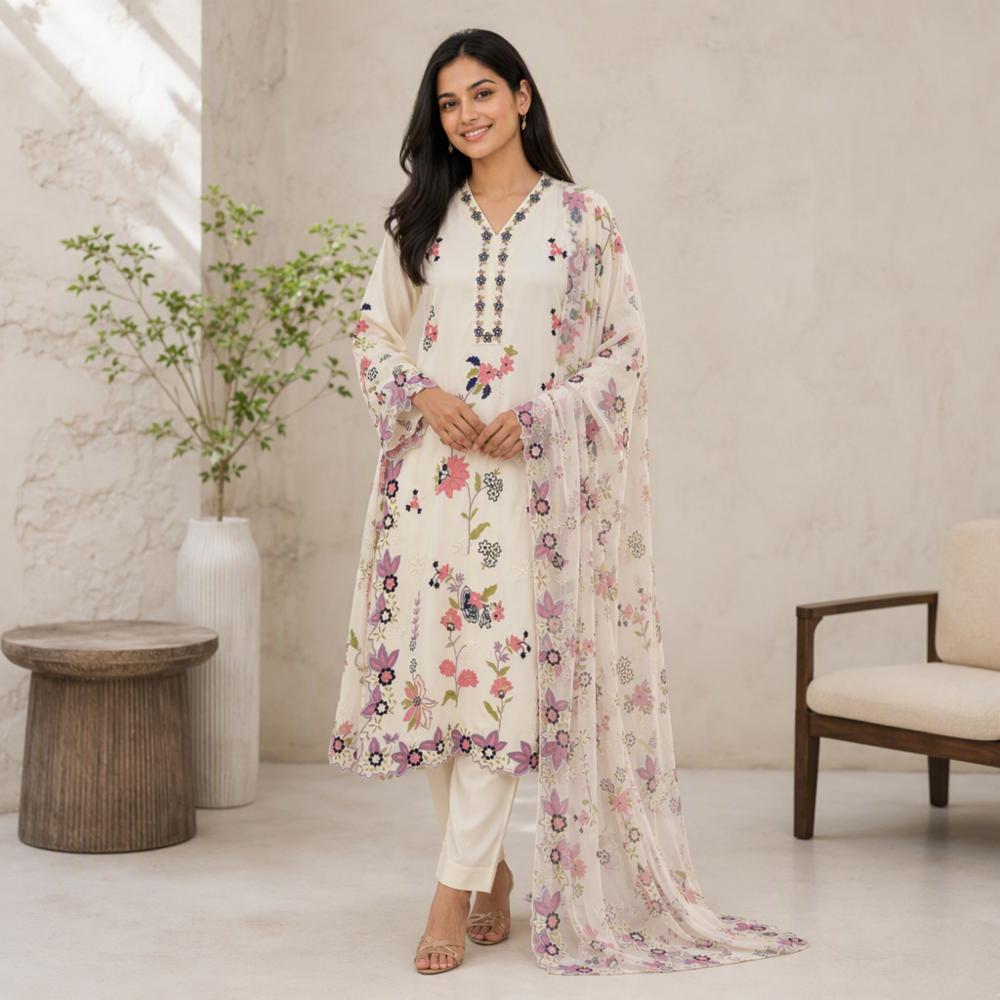 Rayon Satin Embroidered Kaftan Set with Digital Printed Chiffon Dupatta