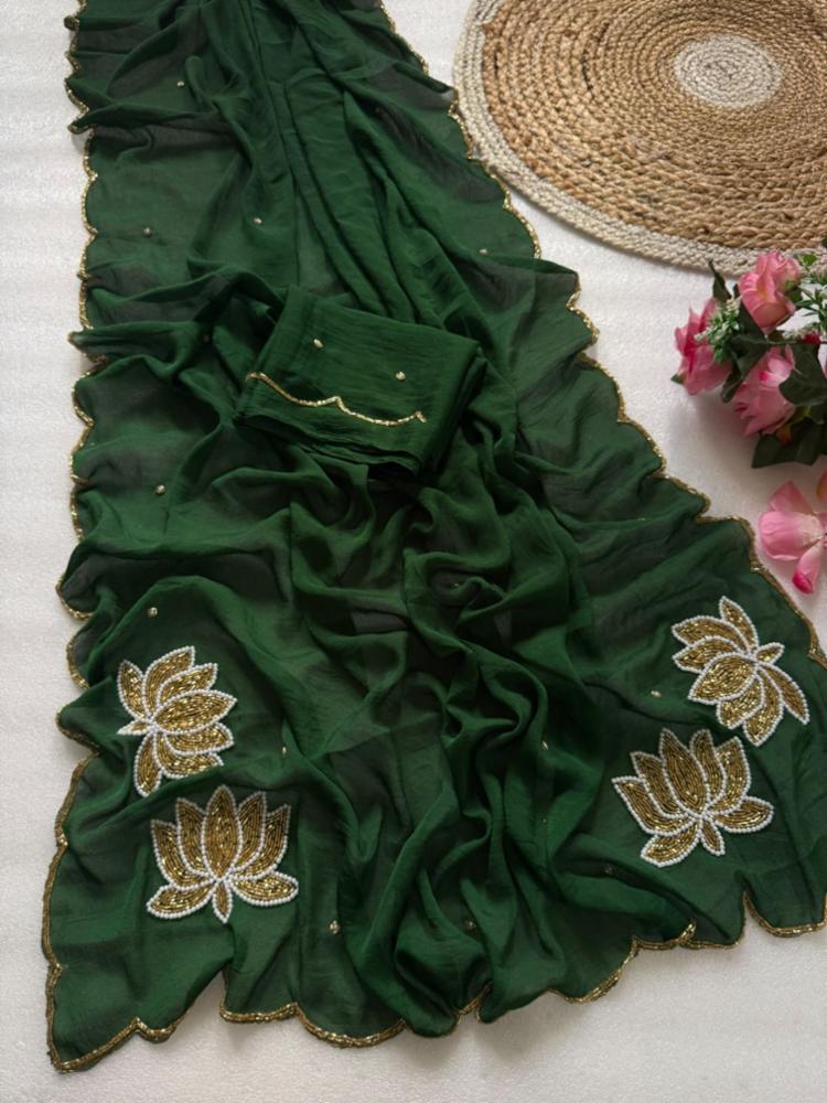 Soft Two-Tone Crush Silk Saree with Heavy Cutdana & Moti Work