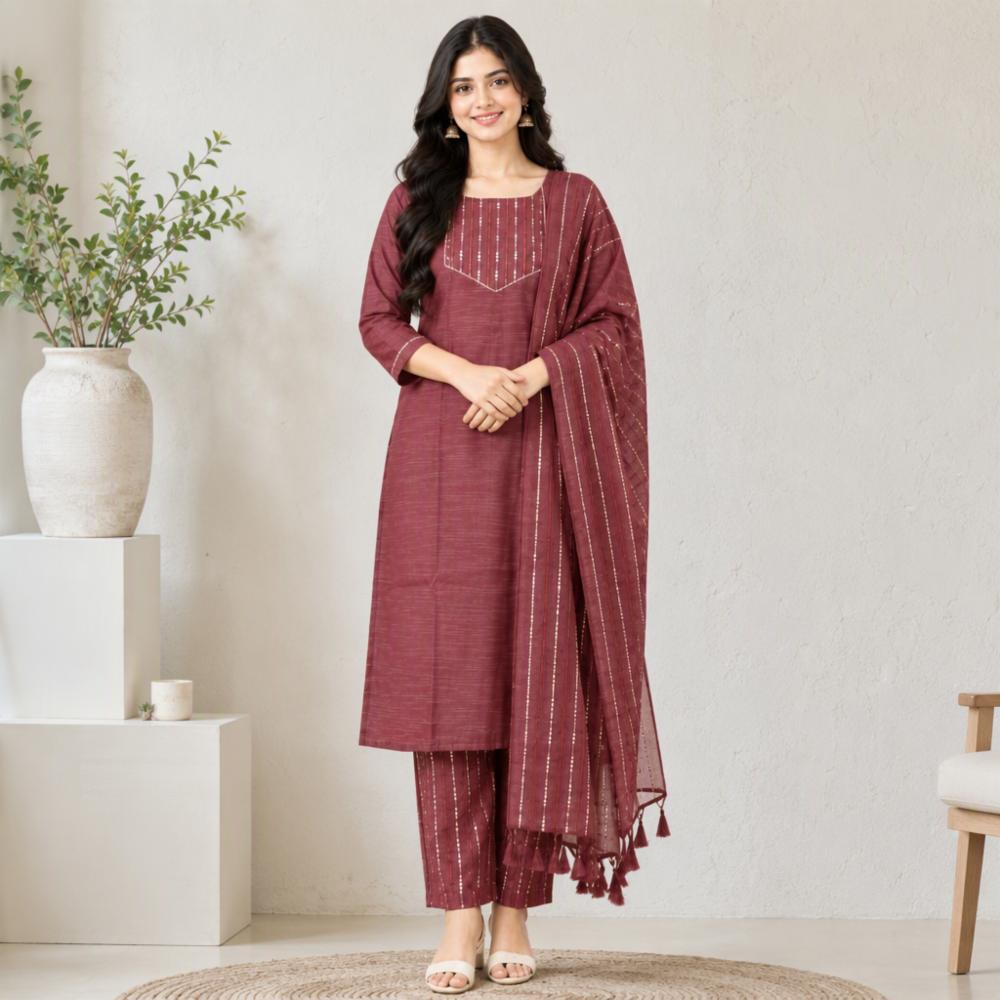 Womenâs Khadi Cotton Striped A-Line Kurta Pant Set