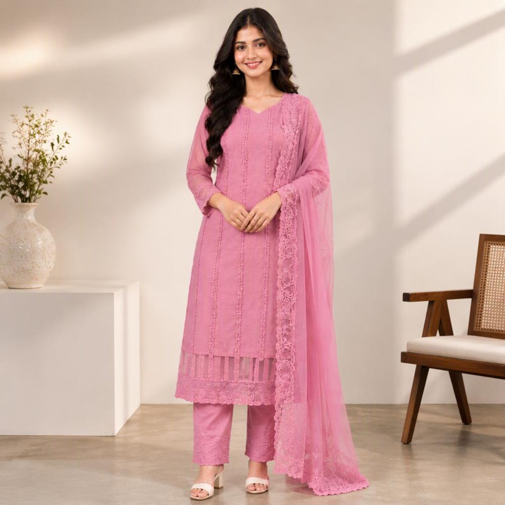 Womenâs Pink Net Embroidered A-Line Kurti Pant & Dupatta Set