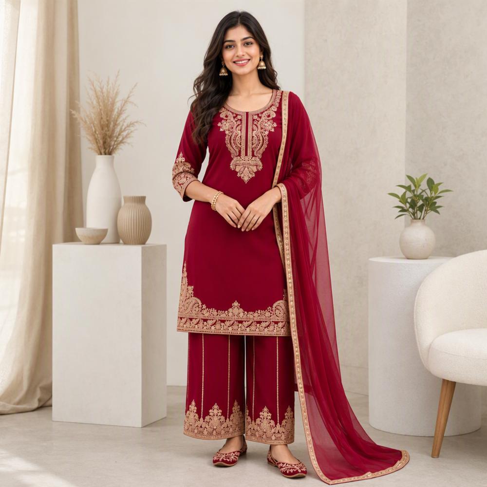 Women's Maroon Embroidered 3-Piece Suit Set with Dupatta