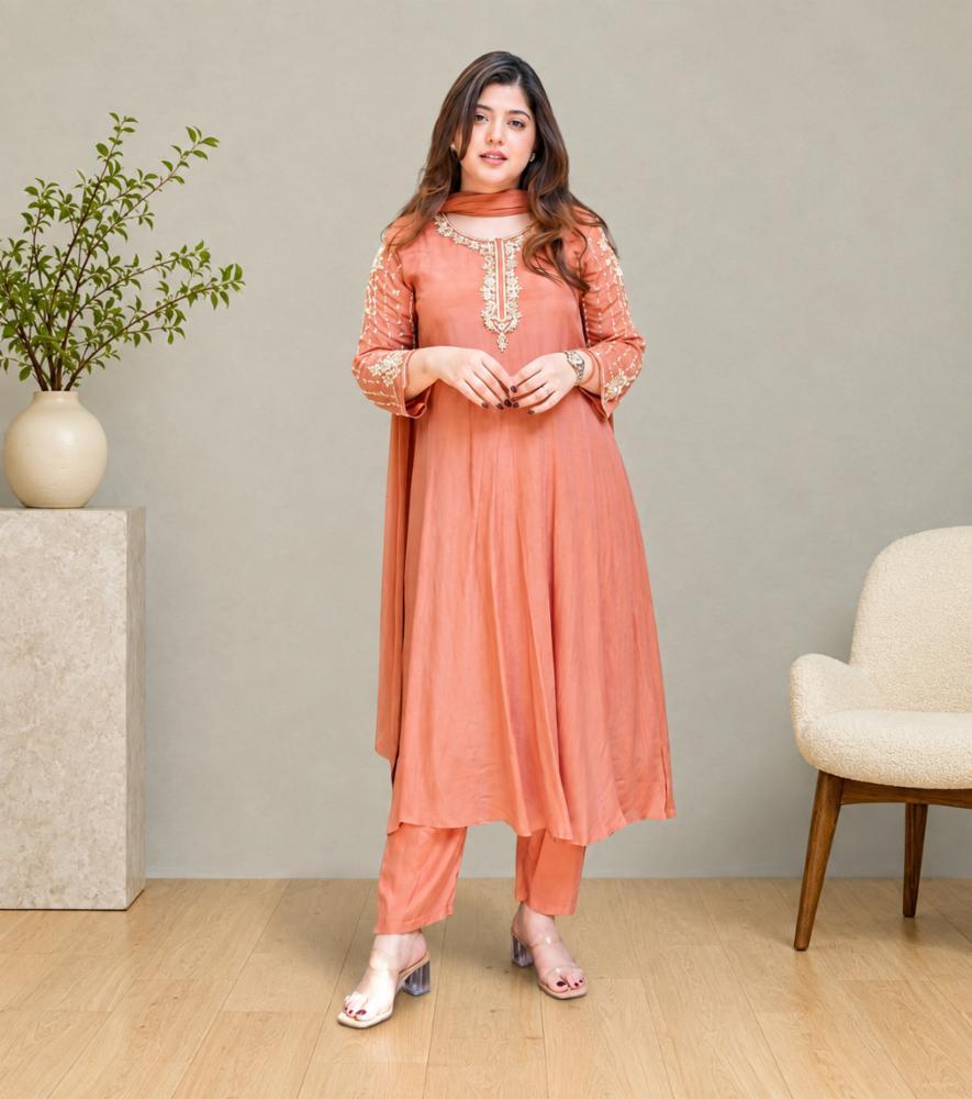 Pure Glass Tissue Anarkali Suit with Hand Work Neck and Sleeves