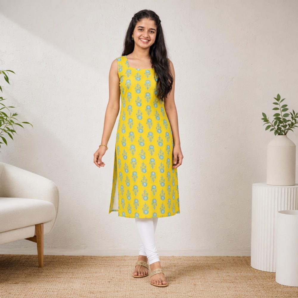 Womenâs Yellow Floral Printed Sleeveless Kurti with White Pant