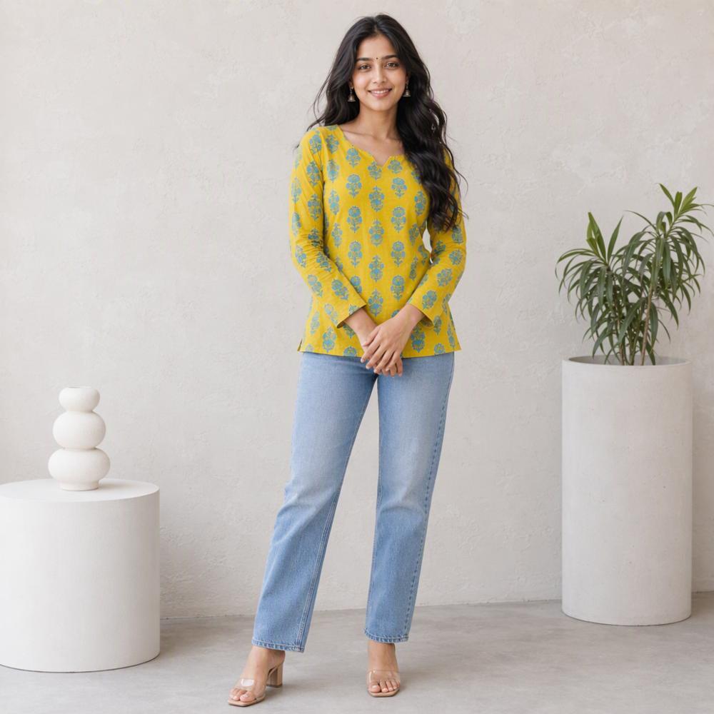 Womenâs Yellow Floral Printed Full Sleeve Kurti