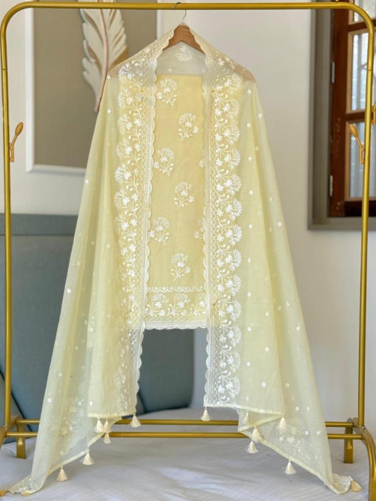 Banarasi Mul Cotton Embroidery Suit Set with Cutwork Border