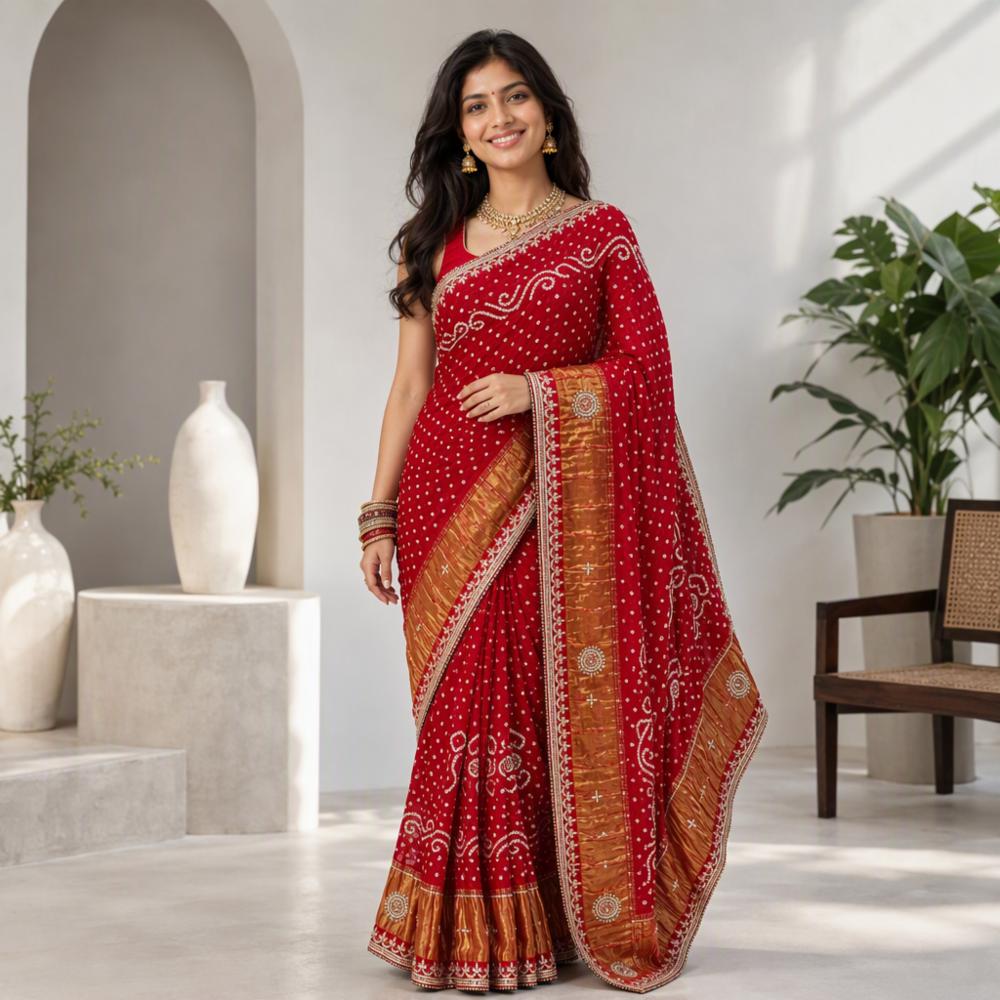 Traditional Red Gajji Silk Saree with Gota Patti Handwork