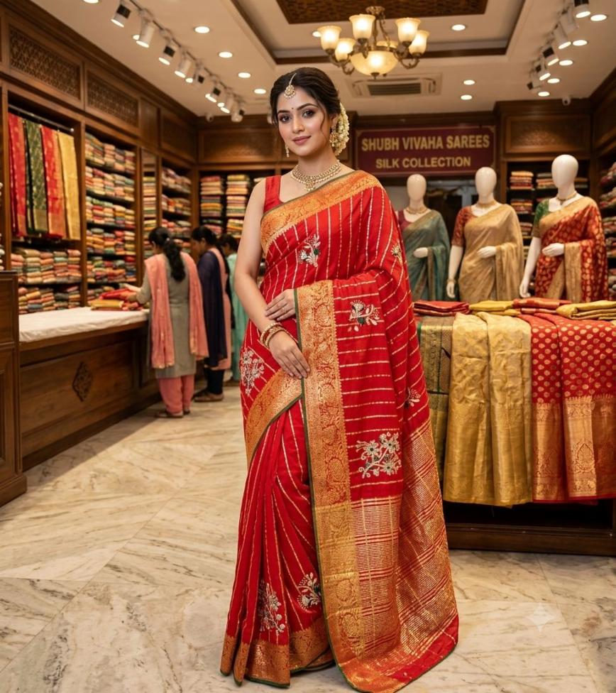 Red Handwork Motif Pure HO Silk Saree with Zari Border and Blouse