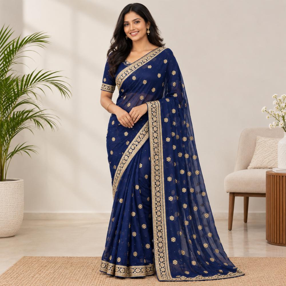 Half Pure Chiffon Saree with Gota Patti Handwork and Blouse