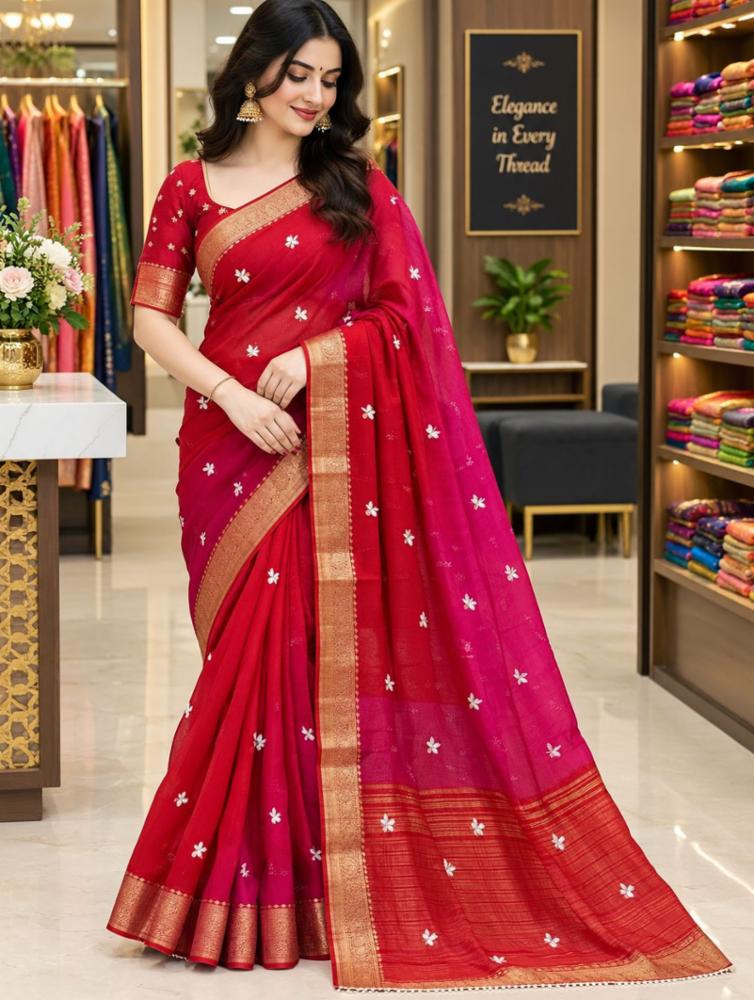 Pure Ho Silk Zari Saree with Motifs and Contrast Blouse