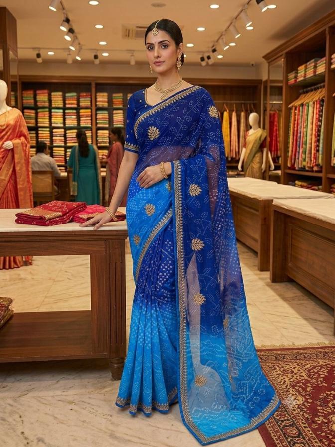 Synthetic Georgette Bandhani Handwork Saree with Blouse