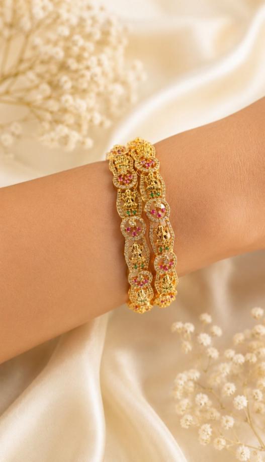 Ruby Stone Gold-Finish Bangles with Pink & Green Stones â Size 2.6