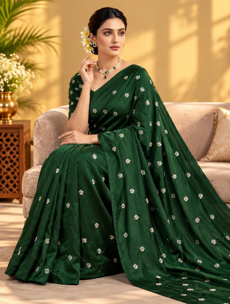Bottle Green Cotton Saree with Silver