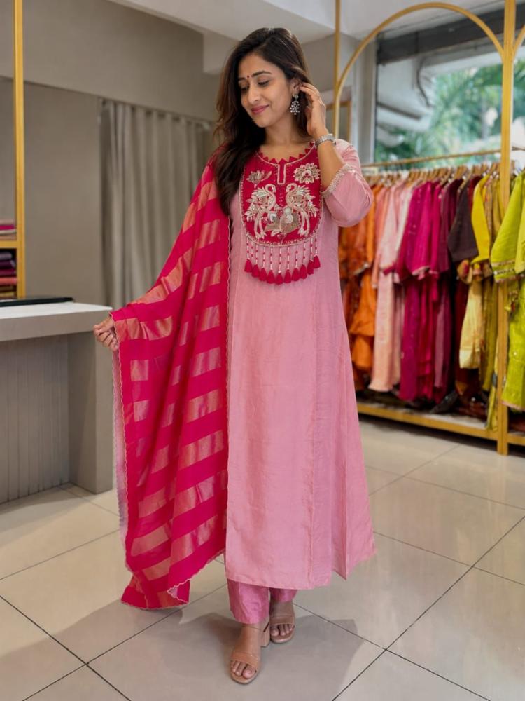 Designer Mul Chanderi Suit Set with Banarasi Dupatta!