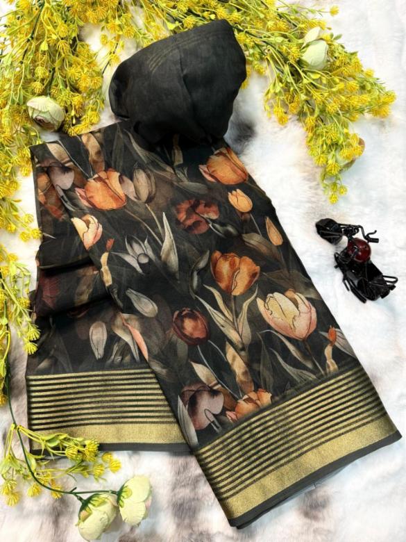 Dull Moss Chiffon Saree with Blouse Piece