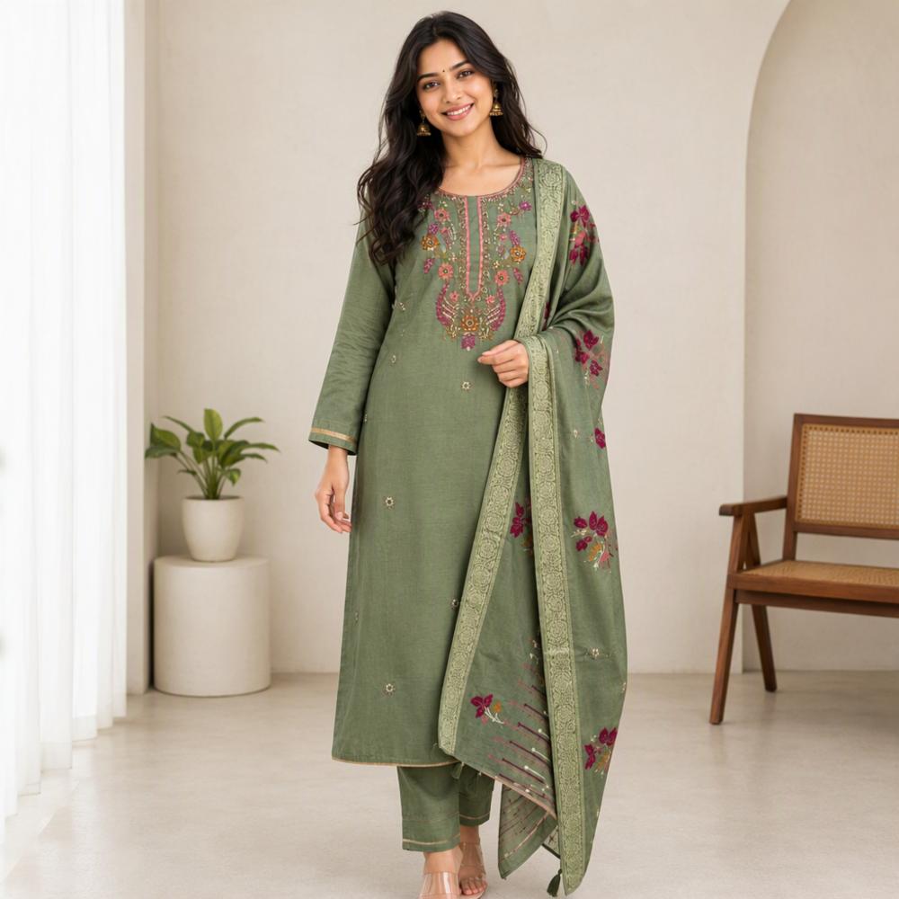 Womenâs Sage Green Silk Blend Kurta Palazzo Dupatta Set
