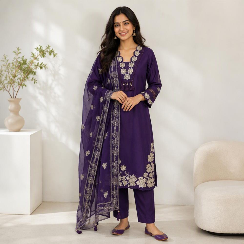 Womenâs Purple Embroidered Kurti Pant & Dupatta Set