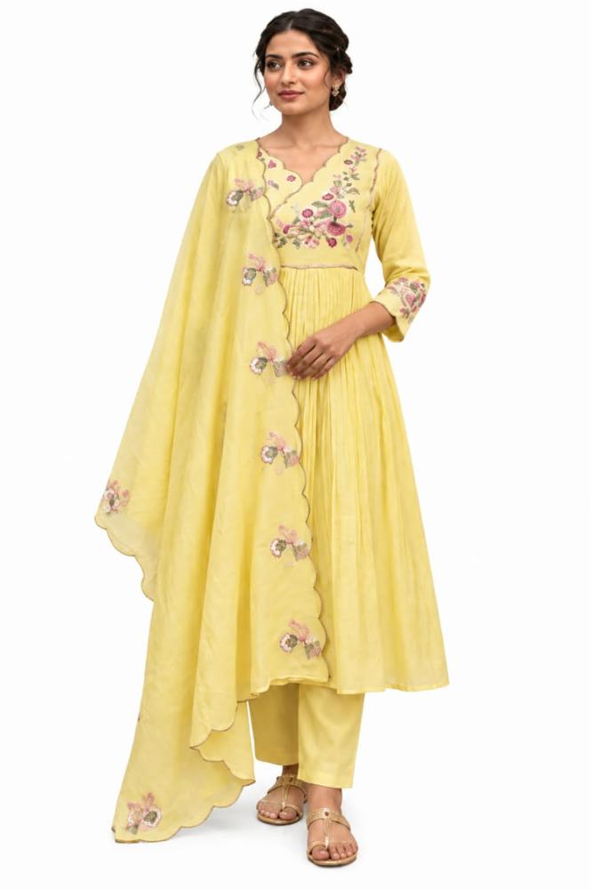 Womenâs Yellow Embroidered Anarkali Kurti Pant & Dupatta Set