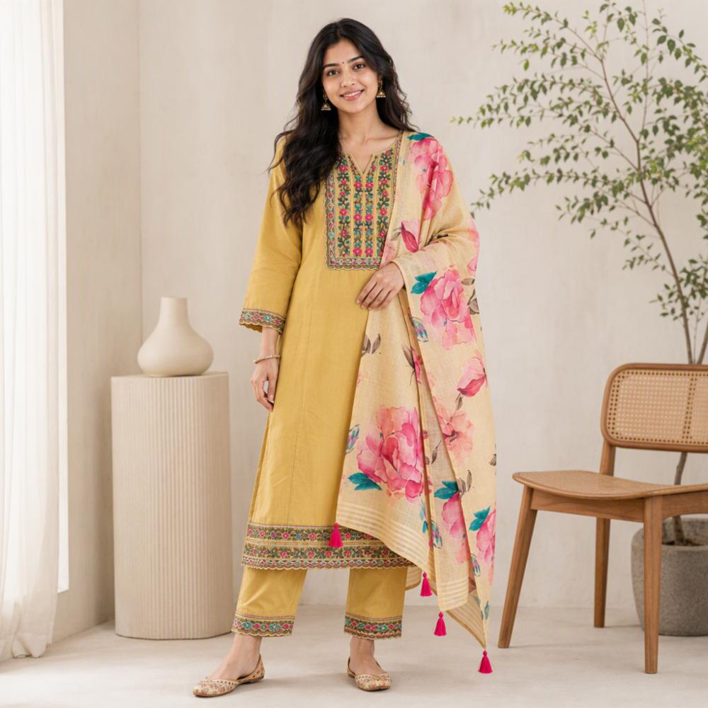 Womenâs Golden Yellow Embroidered Kurti Pant & Dupatta Set