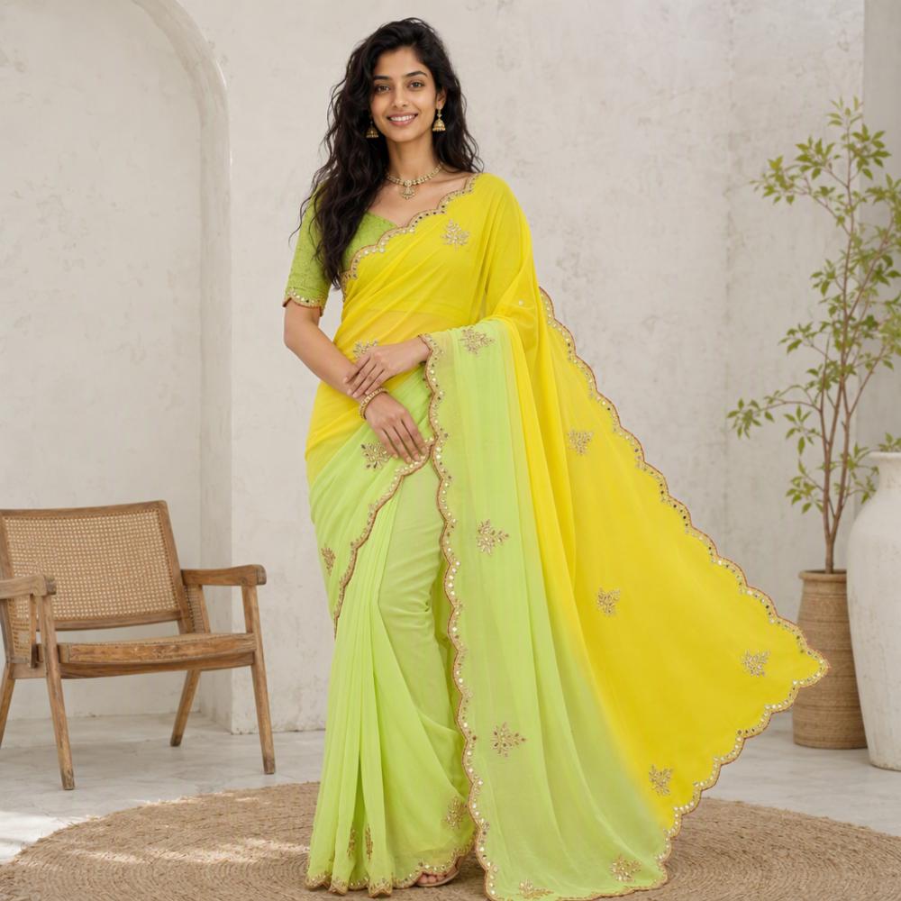 Half Pure Chiffon Saree with Handwork and Contrast Blouse